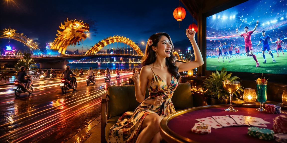 Không khí card game neon sôi động về đêm tại Đà Nẵng với đèn neon rực rỡ