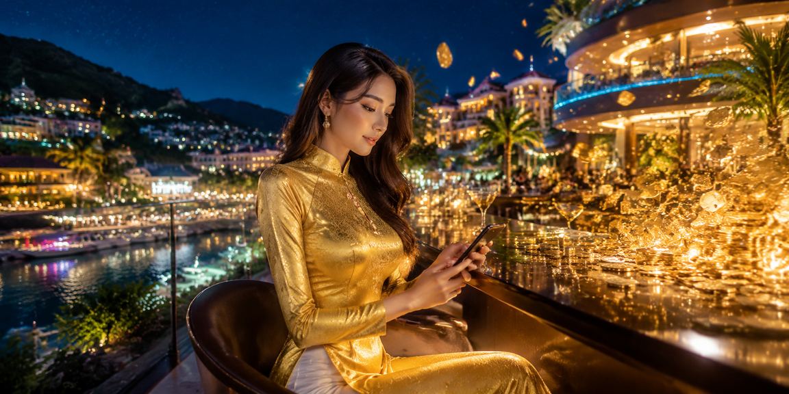 Người phụ nữ mặc áo dài truyền thống tại Sapa trải nghiệm casino di động trên điện thoại